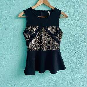 Black Peplum Top with Gold Tribal Pattern Detailing - Size S